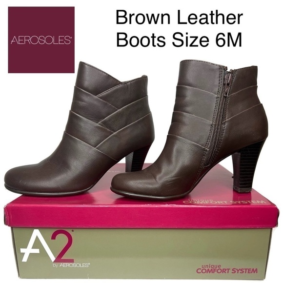 Aerosoles Brown Size 6 6M Leather Short Zipper Boots NIB New Pleated Heals - Picture 2 of 10